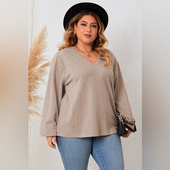 Plus Size Lace Detail V-Neck Long Sleeve Blouse - Picture 2 of 5